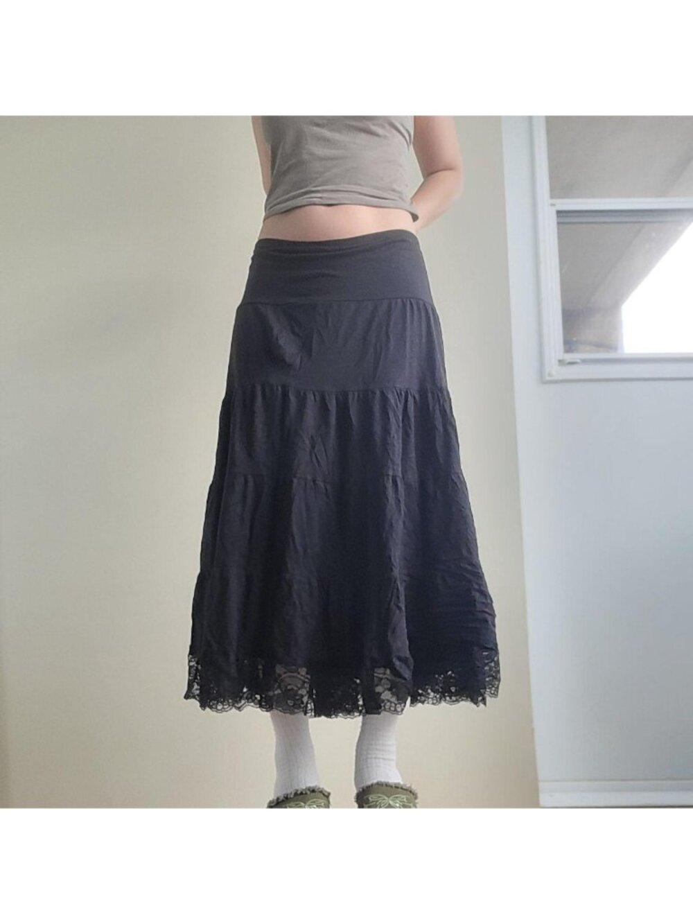 Jessica Black Tiered Ruffle Layered Coquette Cottagcore Maxi Skirt (L)